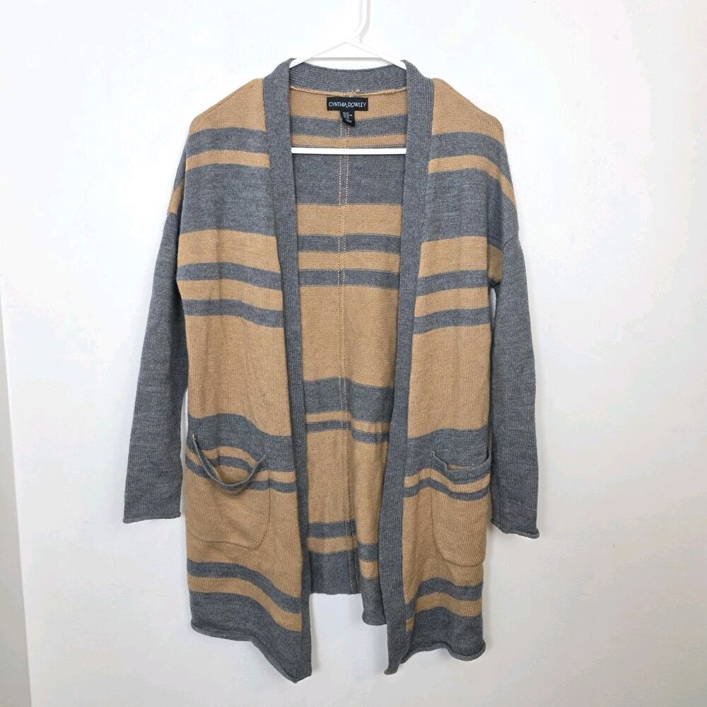Cynthia Rowley‎ Gray Tan Merino Wool Blend 3/4 Sleeve Cardigan Sweater Size XS
